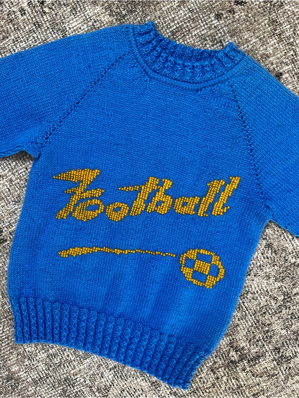 Kids/Toddler Blue Handknit Football/Soccer Crewneck Sweater